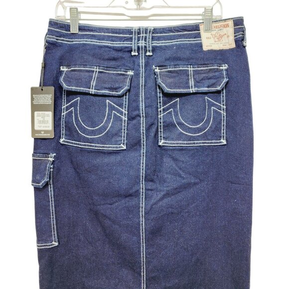 True Religion Rinse Dark Blue Denim Long Cargo Utility Skirt NWT Womens Size 29 - Picture 12 of 14